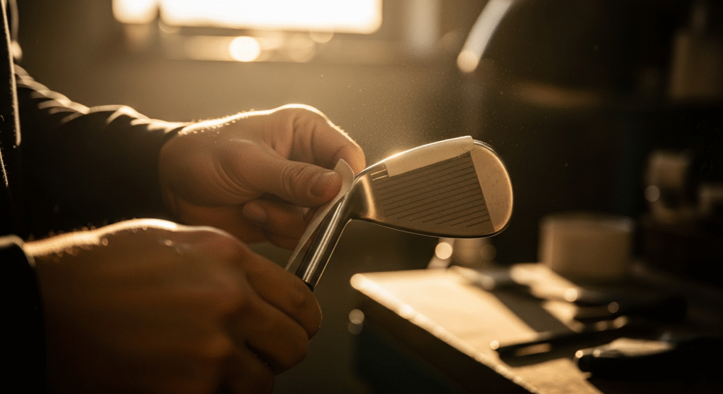 逆光が差し込み埃が舞う作業場で、両手が白いテープを貼ったゴルフクラブのヘッドを調整している様子。