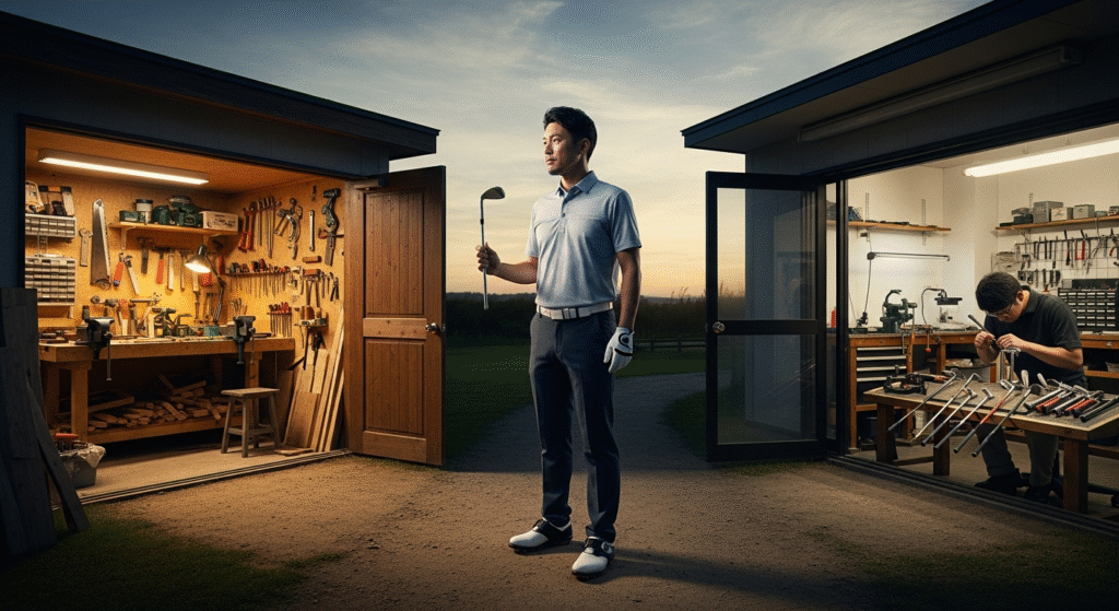 夕焼けの景色の中、ゴルフクラブを持つゴルフウェアの男性が立ち、その両隣には木工工具が並ぶ工房と、職人がゴルフクラブを調整している工房が開かれています。