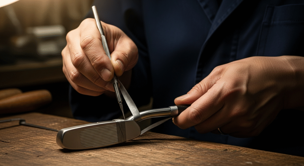 木製の作業台の上で、職人が小さな工具とテープを使ってゴルフパターを丁寧に調整している様子です。