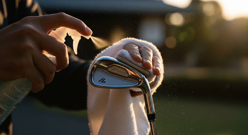 夕日に照らされた屋外で、手でスプレーをかけ、タオルでゴルフクラブを清掃している。