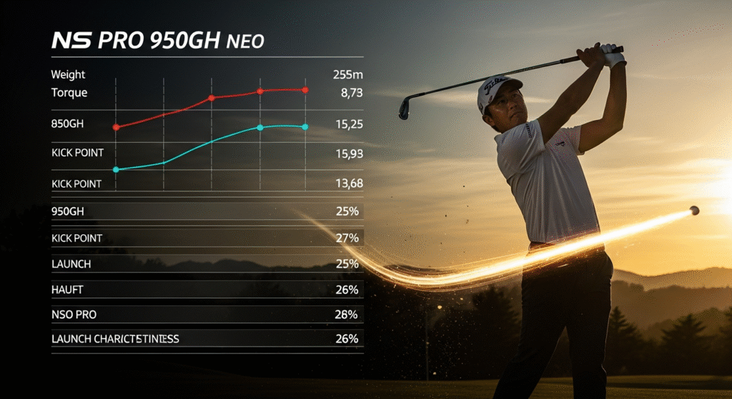 夕日を背に光る軌跡とともにゴルフボールを打つゴルファーと、「NS PRO 950GH NEO」のシャフト性能比較データが並ぶ画像。