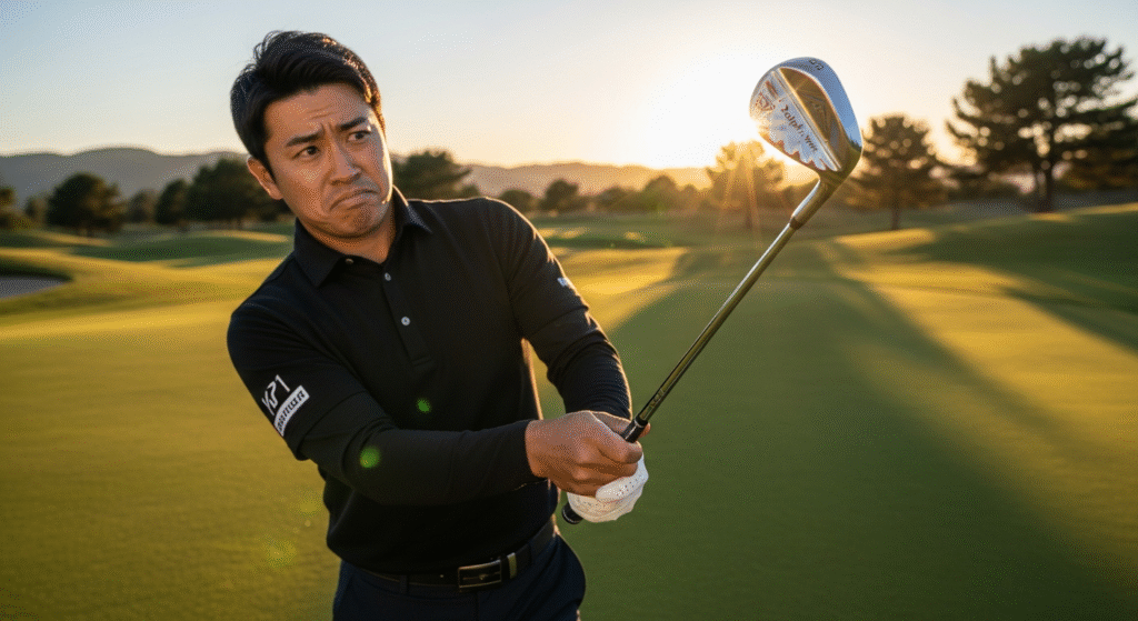 夕日が差し込むゴルフコースで、困惑した表情の男性ゴルファーがゴルフクラブを構えています。