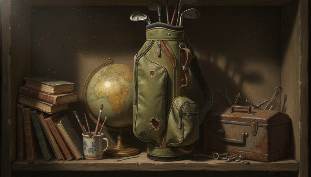 古い木の棚に、積み重ねられた本、地球儀、絵筆の入ったマグカップ、弾痕のあるゴルフバッグとゴルフクラブ、そして錆びた工具箱と工具、鍵が並べられています。