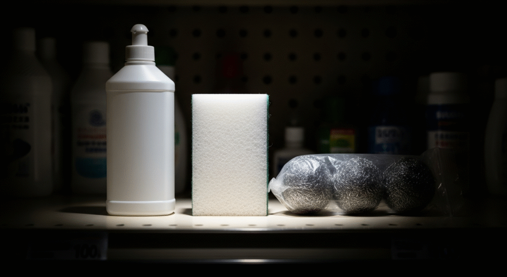 白い洗剤ボトル、スポンジ、袋入り金属たわしが、暗い棚のスポットライトに照らされて並んでいます。