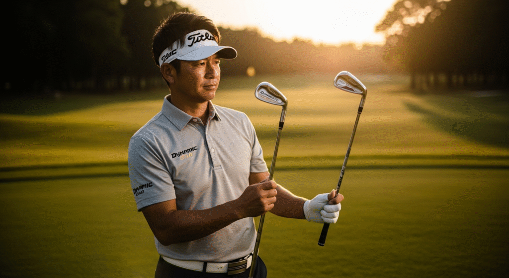 夕暮れのゴルフコースで2本のゴルフクラブを持つ男性。