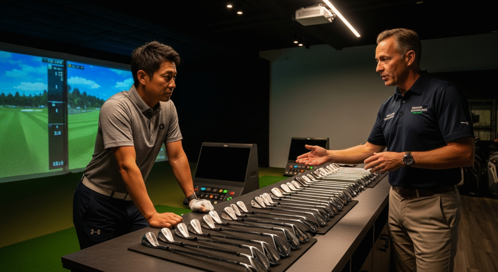ゴルフシミュレーターの前で、多数のアイアンクラブが並べられたテーブルを囲んで2人の男性が話しています。