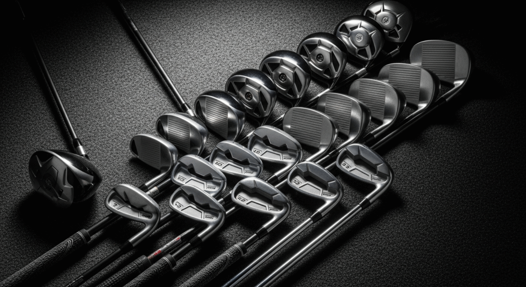 暗い背景に、ドライバー、ウッド、アイアンなど様々な種類のゴルフクラブが整然と並べられています。