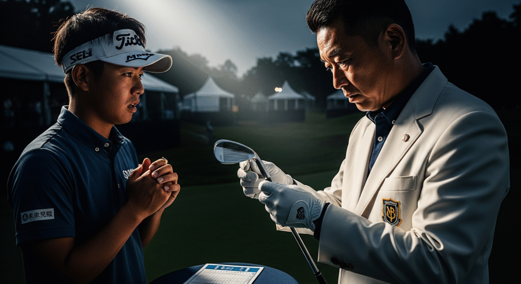 ゴルフ場で、スーツを着た年配の男性がゴルフグローブをはめてゴルフクラブを綿密に調べており、若いゴルファーが熱心に見守っている様子です。