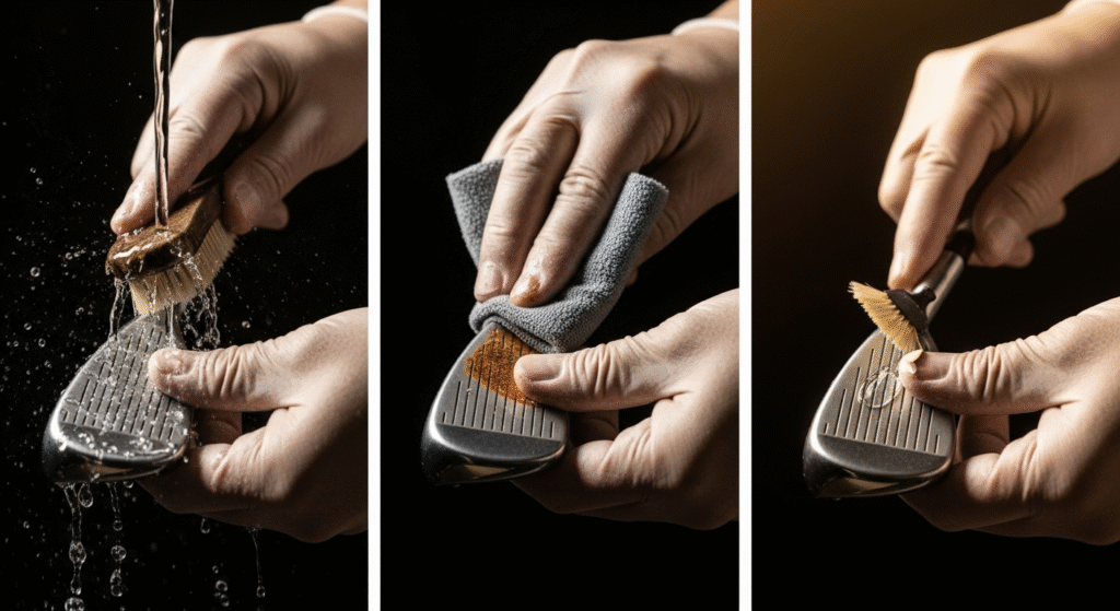 ゴルフのアイアンヘッドを、水洗い、拭き取り、クリーナー塗布の順で手入れする3ステップの画像。