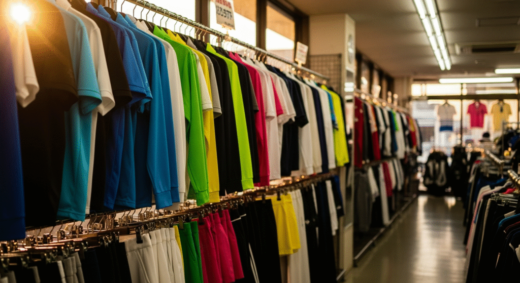 様々な色の服がハンガーラックにずらりと並んだ衣料品店の通路の様子。