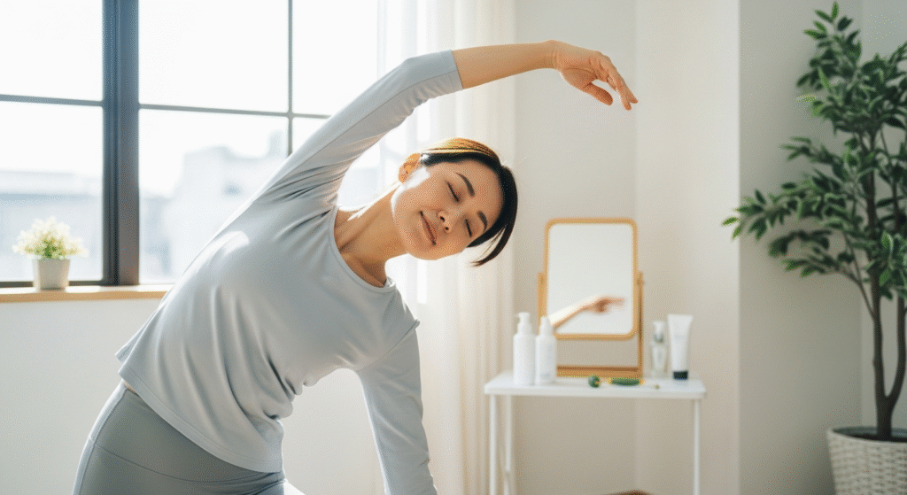 明るい室内で、グレーのトレーニングウェアを着た女性が、目を閉じてゆっくりと体を横に伸ばすストレッチをしています。