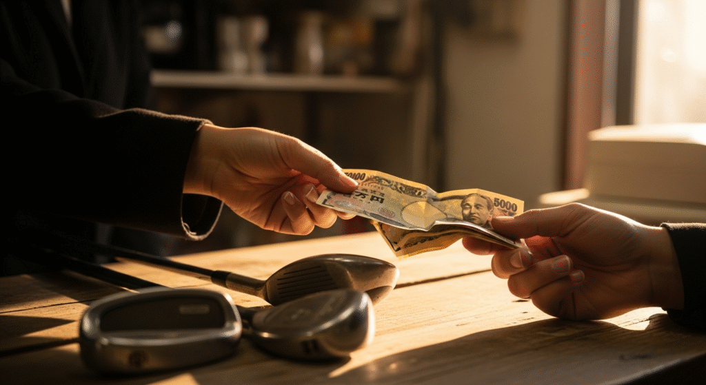 木製のテーブルに置かれたゴルフクラブの前で、2つの手が日本円の紙幣をやり取りしている。