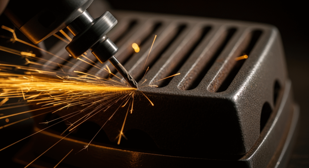 電動工具が金属を研磨しており、明るい火花が勢いよく飛び散っている様子。