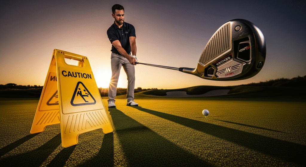 夕焼けのゴルフコースで、滑りやすい床を示す黄色い「CAUTION」看板が手前に置かれ、男性ゴルファーがゴルフクラブでゴルフボールを打とうとしている。