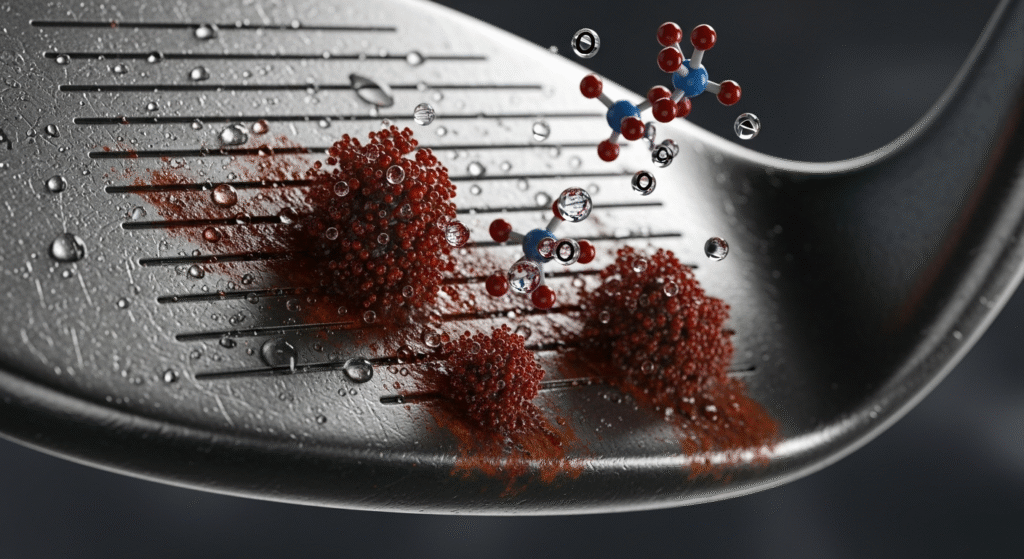 錆と水滴が付着したゴルフクラブの金属面に、腐食の化学反応を表す分子モデルが浮かぶクローズアップ画像。