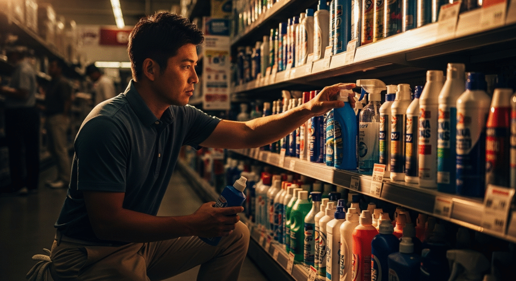 スーパーマーケットの棚の前でかがみ、青い日用品のボトルを手に取って選んでいるアジア人男性。