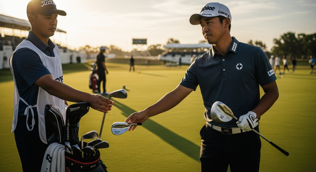 夕暮れのゴルフコースで、キャディがゴルファーにゴルフクラブを手渡している。