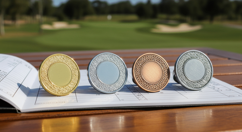 ゴルフコースを背景に、スコアカードの上に金、銀、銅、アンティークシルバーの4つのメダル型ゴルフマーカーが立てて並んでいます。