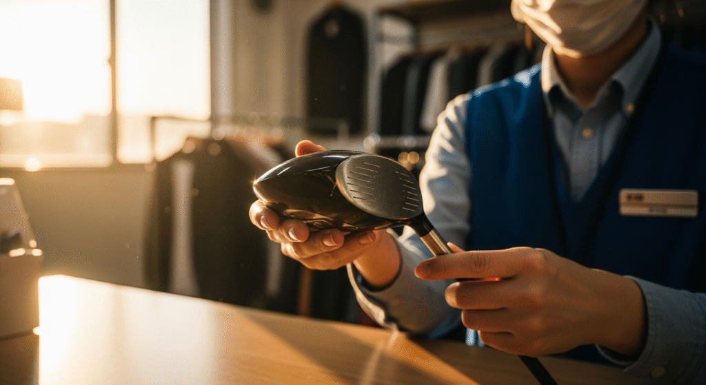 暖かな光が差し込む店内で、マスクをした店員がカウンターの上でゴルフクラブのヘッド（ドライバー）を両手で持っています。