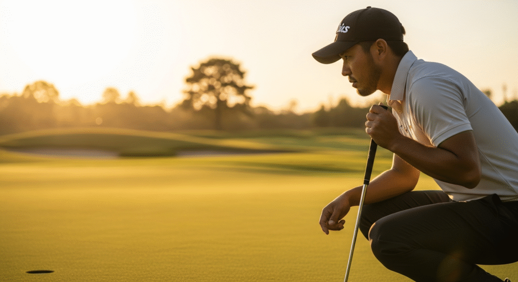 夕焼けが差し込むゴルフ場で、男性ゴルファーがパターを手にしゃがみ込み、パットのラインを真剣に読んでいる。