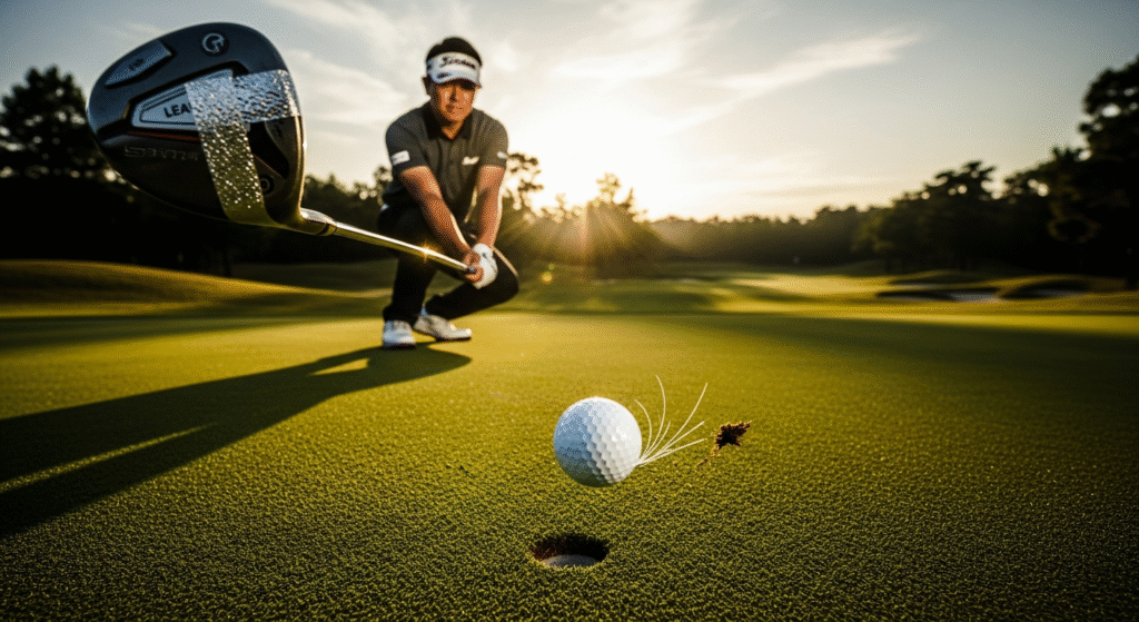 夕暮れのゴルフ場で、芝が舞い上がりカップイン寸前のゴルフボールが手前に浮かび、奥にはクラブを構えしゃがむゴルファーがぼやけて見える。