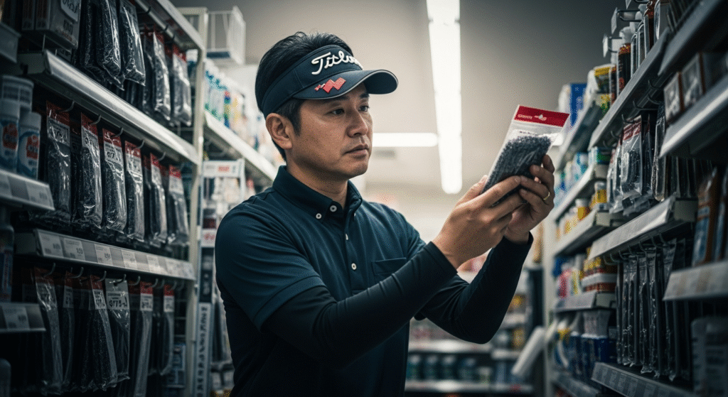 Titleistのサンバイザーをかぶったアジア人男性が、店舗の棚から手に取った商品を真剣な表情で見ている。