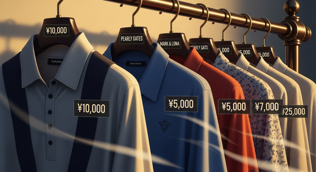 「PEARLY GATES」や「MARK & LONA」などのブランド名と価格（¥10,000、¥5,000など）が示された複数のポロシャツが、ハンガーに掛けられて一列に並んでいる様子。
