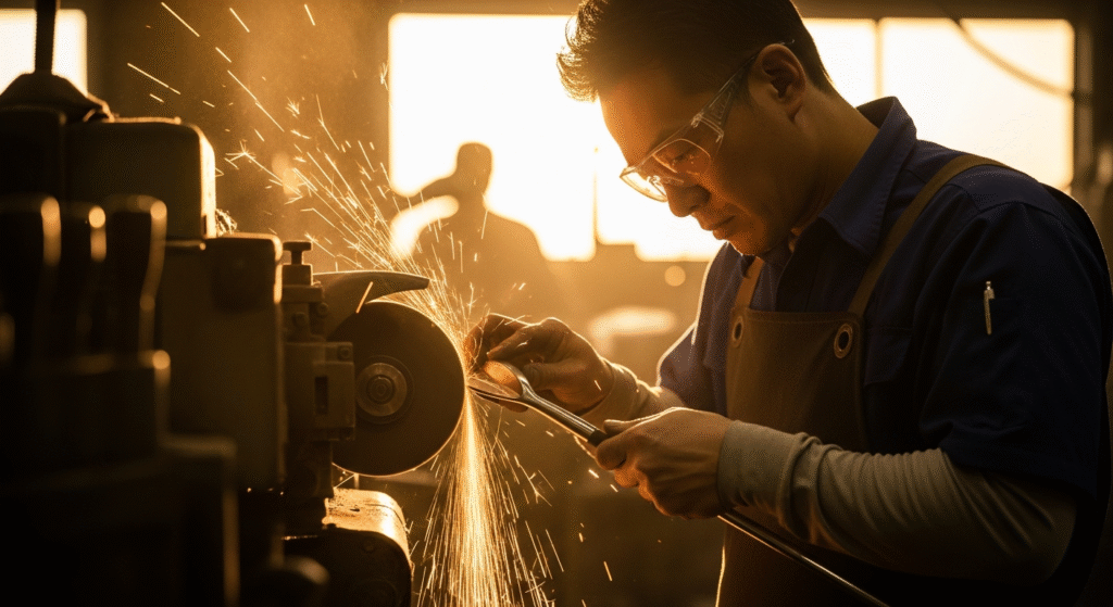 保護メガネをかけた職人が研磨機で金属を研磨しており、激しい火花が飛び散っている様子。