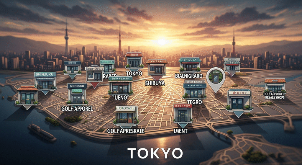 夕焼けの東京の街並みを背景に、地図上に新宿、渋谷、上野などのエリア名や複数の店舗アイコンが配置され、下部に大きく「TOKYO」と書かれたイラストです。