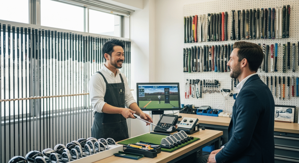 ゴルフフィッティングを行う店内で、店員が顧客にゴルフクラブを提示し、両者が笑顔で会話している。