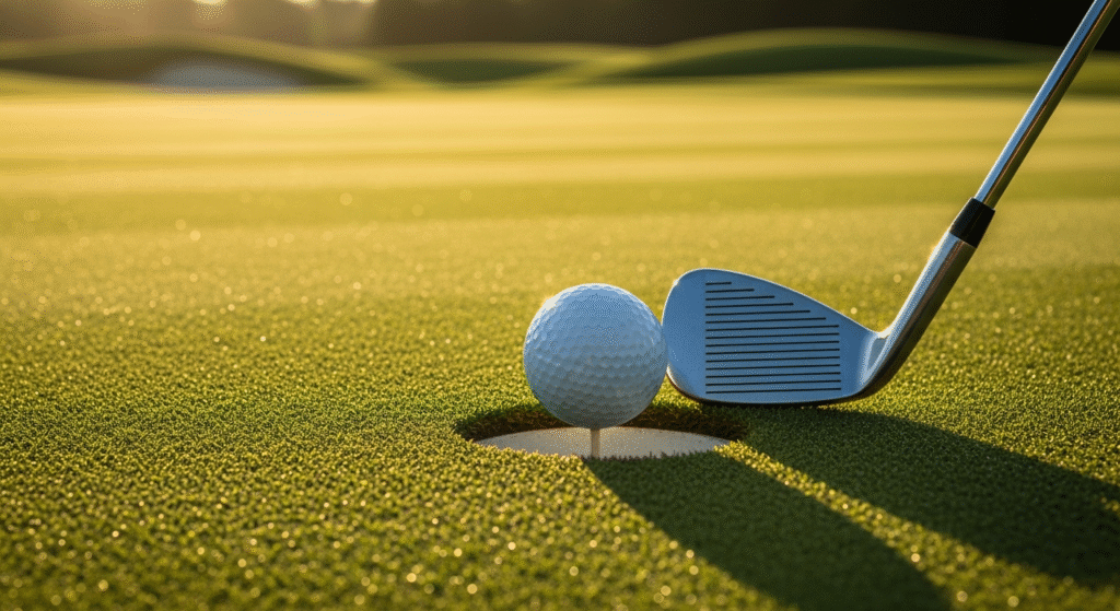 夕日に照らされたゴルフコースのグリーンで、カップの縁にゴルフボールが置かれ、その後ろにゴルフクラブが構えられ、長い影を落としている。