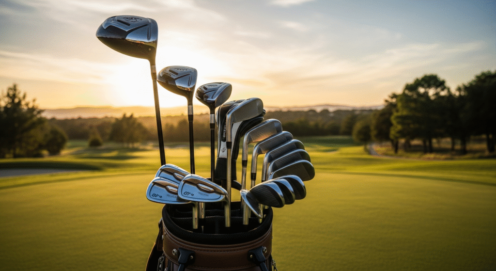 夕焼けのゴルフコースを背景に、ゴルフバッグに収められた様々な種類のゴルフクラブが手前に写っています。