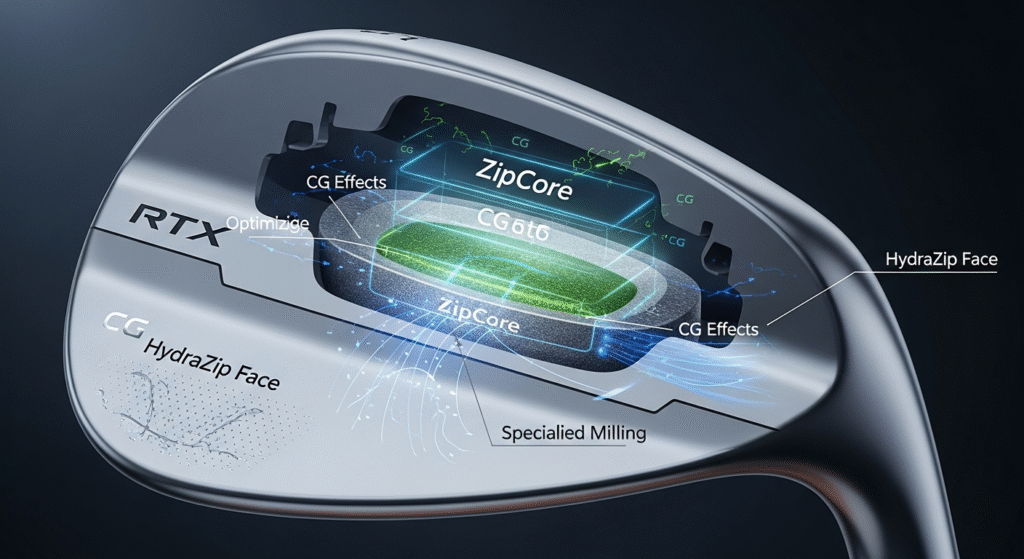 RTXウェッジの断面図で、ZipCore、HydraZip Face、Specialied Millingといった内部構造と表面技術の設計が示されています。