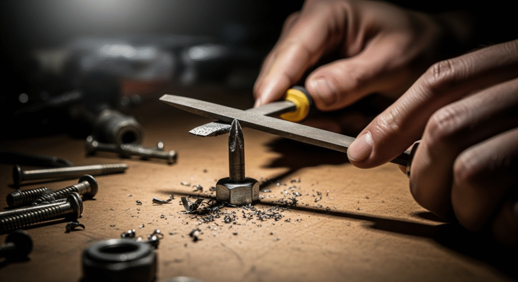 暗い作業台の上で、両手がやすりを使って金属部品を削っており、周囲には金属片やネジが散らばっている。