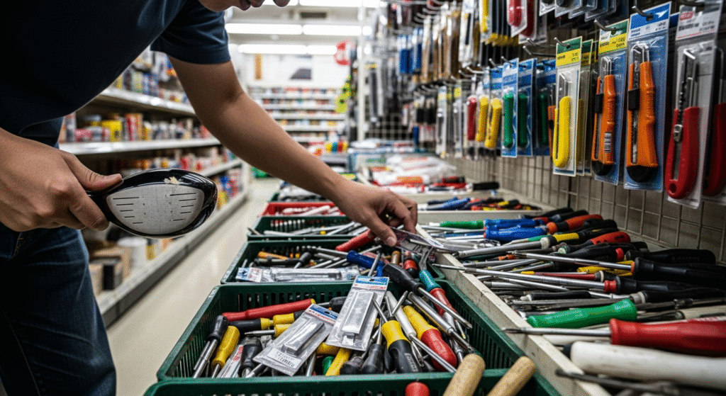 ホームセンターで、ゴルフクラブのヘッドを持つ人が、ドライバーなどの工具が入った箱から道具を選んでいる様子。