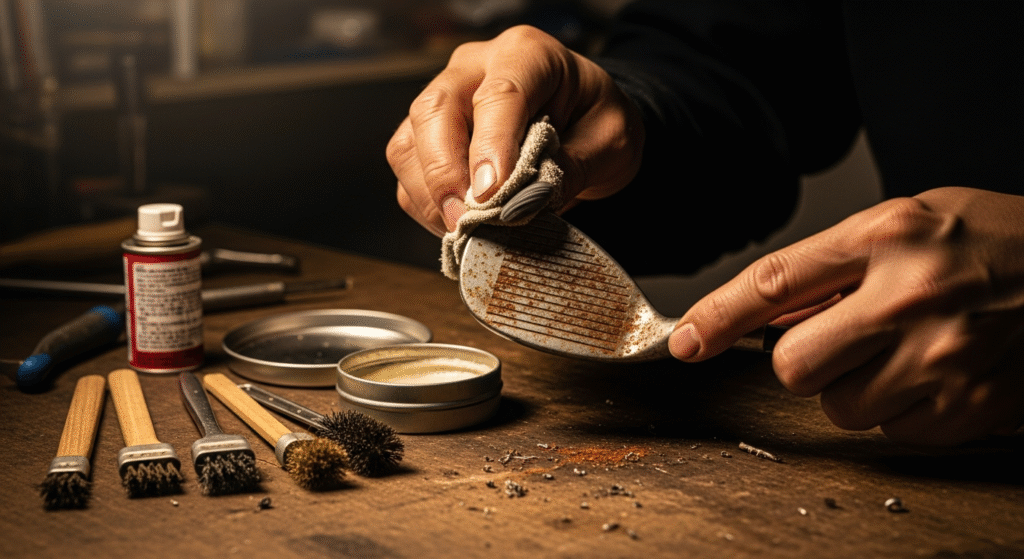 木製の作業台で、手が錆びついたゴルフクラブを布で丁寧に磨いている様子。