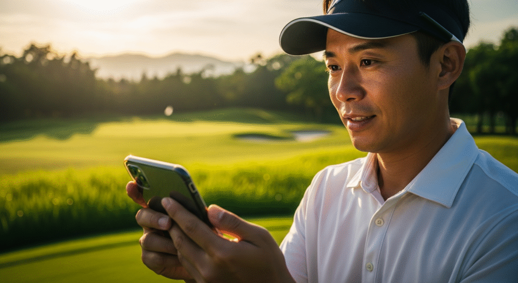 サンバイザーとポロシャツを着たアジア系の男性が、夕焼けに照らされたゴルフコースでスマートフォンを見ながら微笑んでいます。