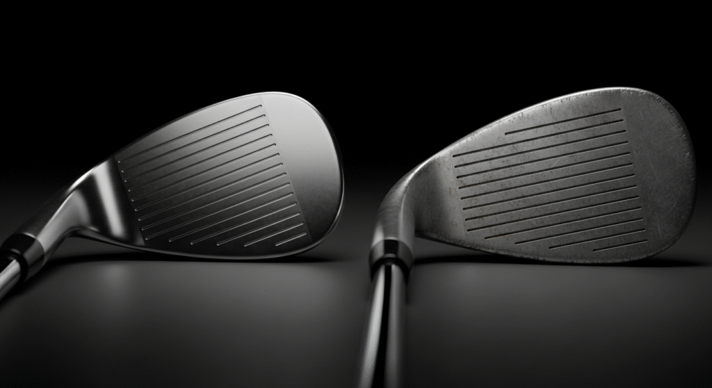 2本の新旧のゴルフクラブヘッドが並んで置かれている様子。