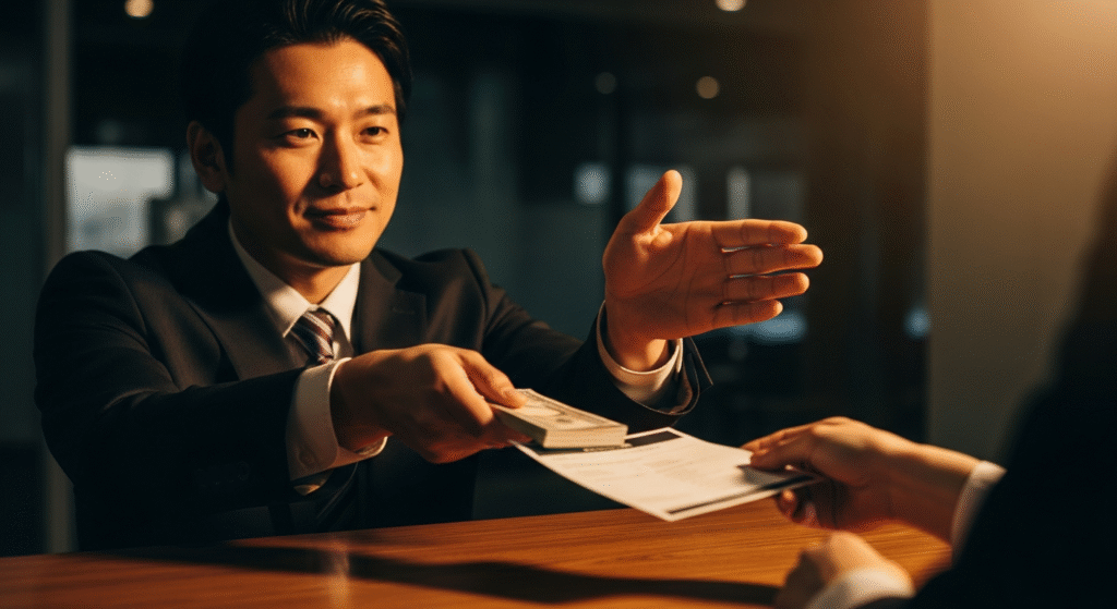 スーツ姿の男性が笑顔で、対面に座る人物に札束と書類を差し出している様子。