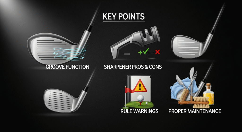 ゴルフクラブの溝の機能、シャープナーの使用の是非、ルール違反の警告、および適切な手入れ方法を示す4つのセクションからなる図。