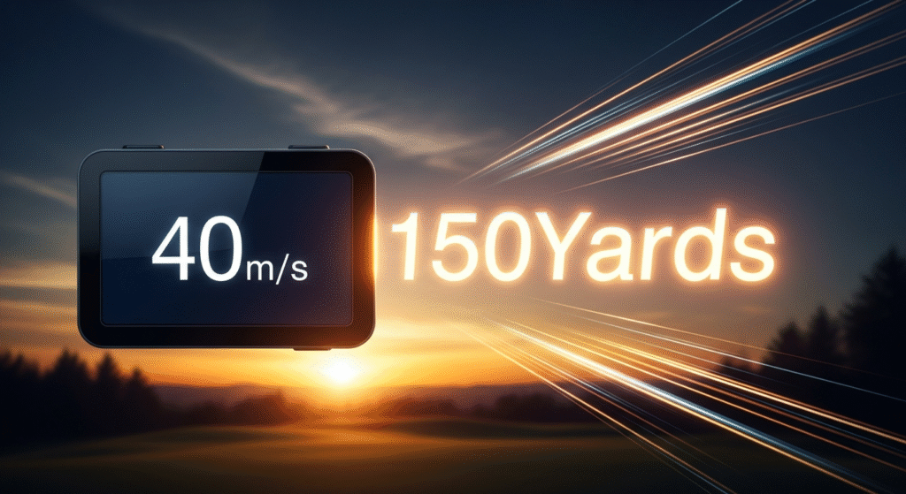 夕暮れのゴルフコースを背景に、画面に「40m/s」と表示された測定器と、光の筋と共に輝く「150Yards」の文字が並んでいます。
