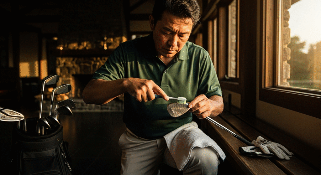 夕日が差し込む部屋で、男性がゴルフクラブのヘッドを歯ブラシで丁寧に磨いている。