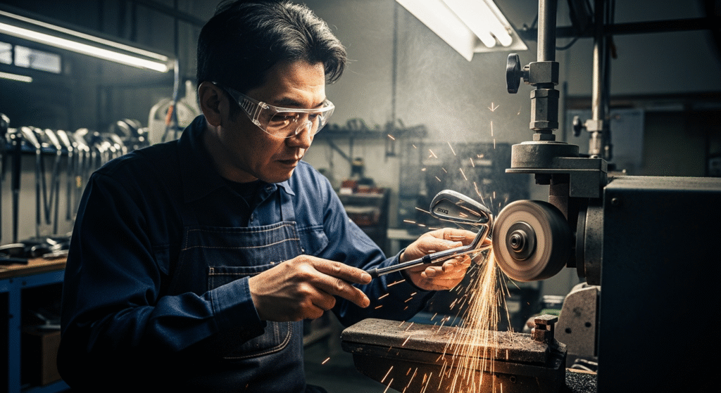 保護メガネをかけた職人が、研磨機でゴルフクラブのヘッドを研磨しており、火花が激しく飛び散っています。
