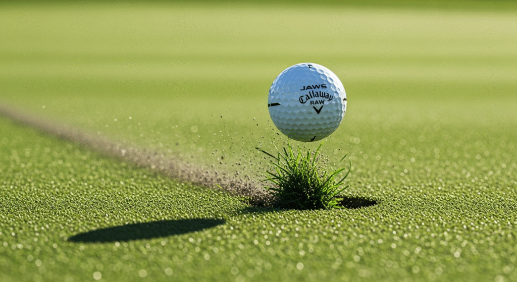 キャロウェイのゴルフボールが、グリーン上のカップのすぐ上で、草や土を巻き上げながら跳ね上がっている。