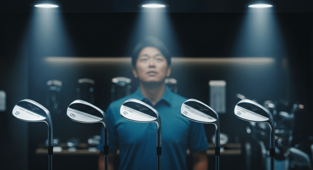 スポットライトを浴びた5本の銀色のゴルフウェッジがディスプレイに並び、背景にはぼやけた男性がそれらを見上げている。