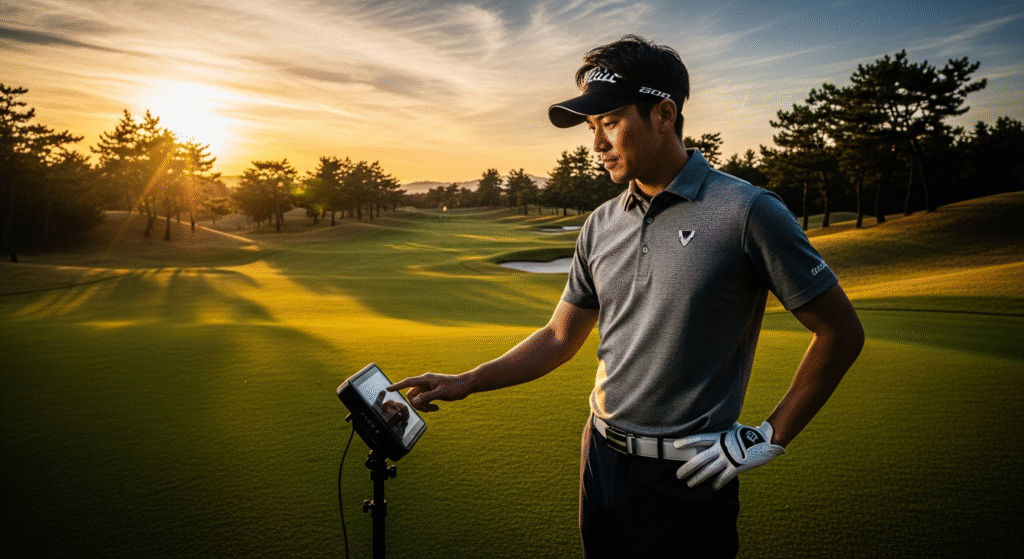 夕焼けのゴルフコースで、男性ゴルファーがデジタルデバイスを操作している様子。