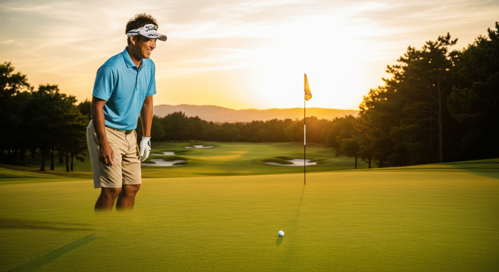 夕焼けの美しいゴルフコースで、笑顔のゴルファーがボールとピンの近くに立っています。