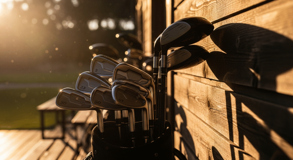 夕日の黄金色の光が差し込む中、木製の壁の傍らに立つゴルフバッグに入ったゴルフクラブ。