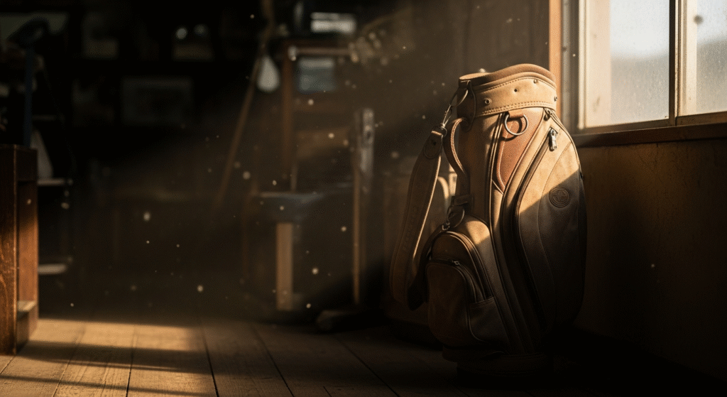 薄暗い部屋の木製の床に、窓からの光を浴びて立つ茶色の革製ゴルフバッグ。  