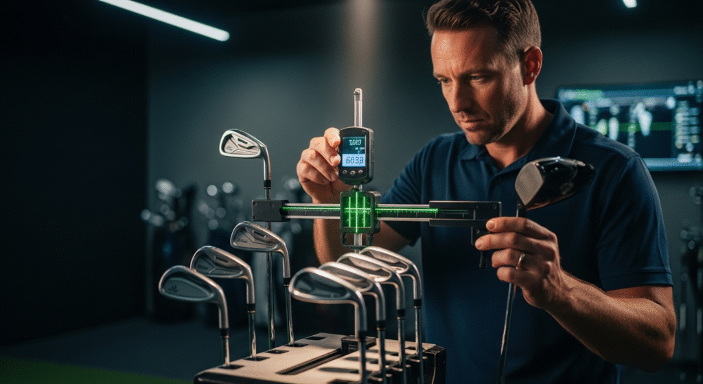 男性が、レーザー表示付きのデジタル測定器を使ってゴルフクラブの精密な測定を行っています。